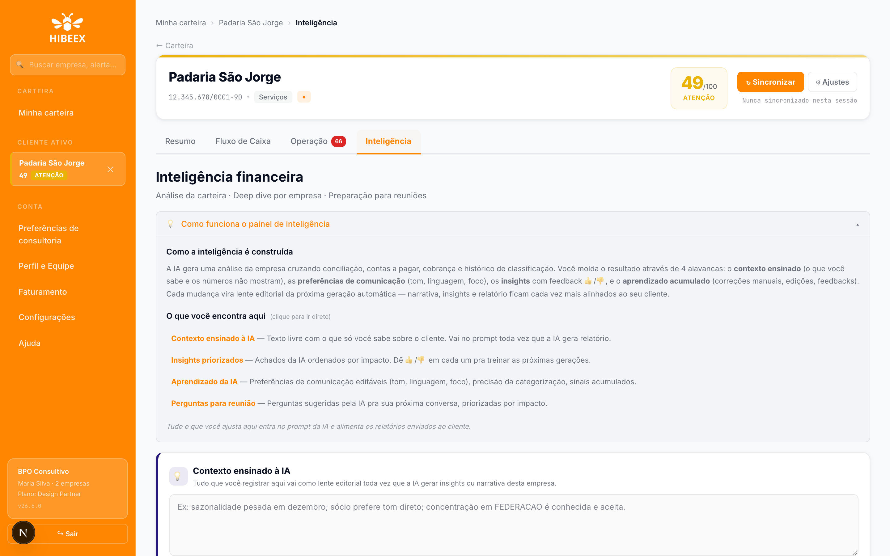 Tela Inteligência do Hibeex mostrando análise de cliente